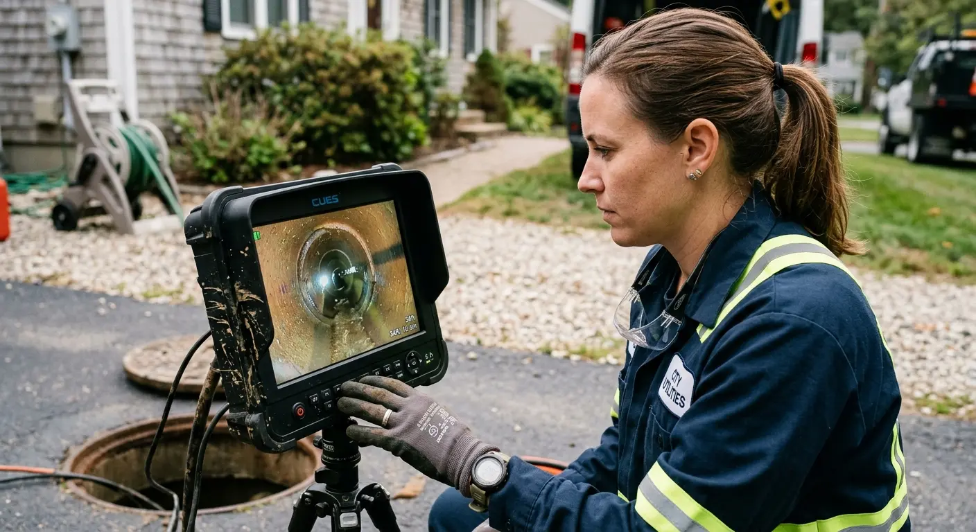 Technician reviewing sewer camera inspection footage in Imperial