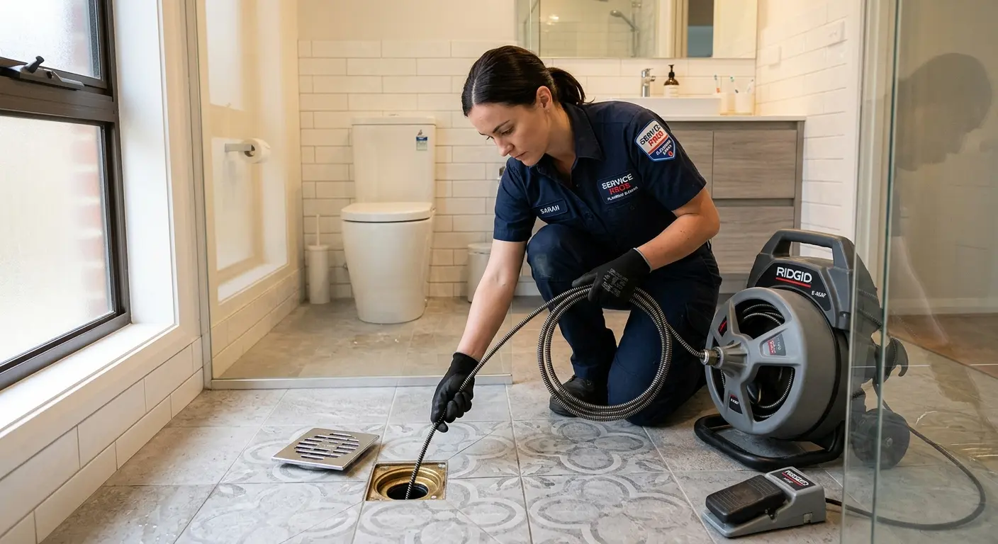 Technician clearing a bathroom floor drain for Hydro Jetting in Imperial